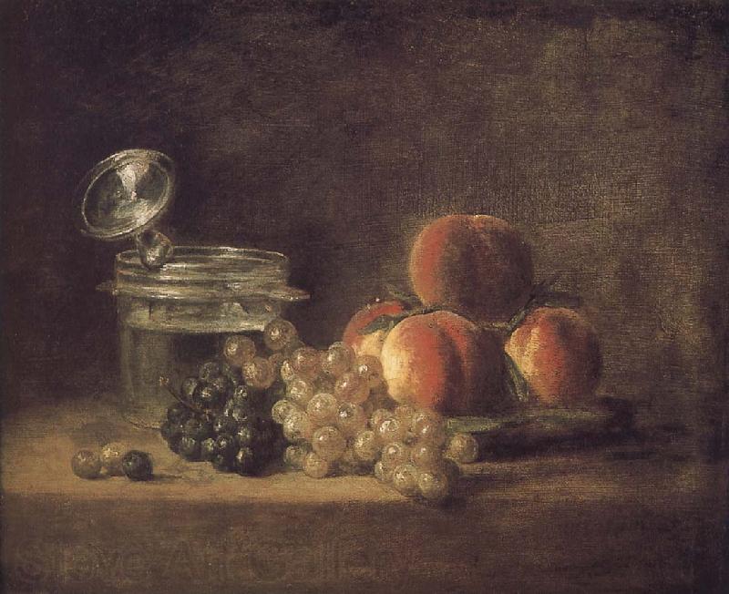 Jean Baptiste Simeon Chardin Cold peach fruit baskets with wine grapes